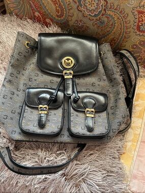 MK Logo Canvas Backpack with Black Leather Flap